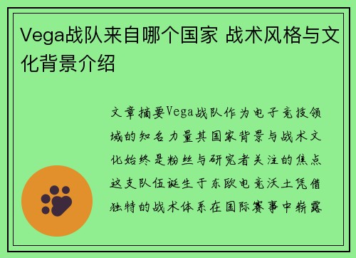 Vega战队来自哪个国家 战术风格与文化背景介绍