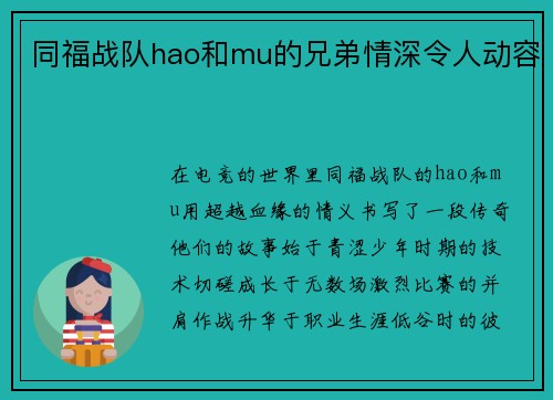 同福战队hao和mu的兄弟情深令人动容