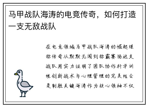 马甲战队海涛的电竞传奇，如何打造一支无敌战队