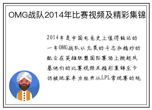OMG战队2014年比赛视频及精彩集锦