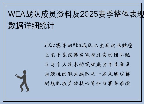 WEA战队成员资料及2025赛季整体表现数据详细统计